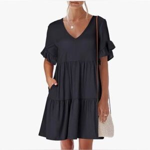 ANRABESS Trendy V Neck Ruffle Short Sleeve A Line Tiered Flowy Casual Mini Dress